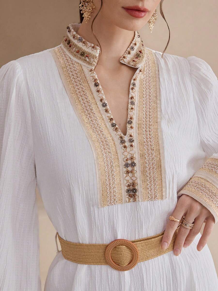 Al Najma 女士优雅阿拉伯风格拼接缎带V领长袖连衣裙 - 白色 - 查看 1