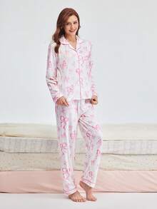 Bonmuse 2pcs Casual Elegant Ribbon Bow Print Loungewear Pajama Set For Women, Includes Long Sleeve Lapel Top And Relaxed Elastic Waist Pants, Suitable For Sleepwear And Homewear, All Season, Winter Clothes - White - View 4