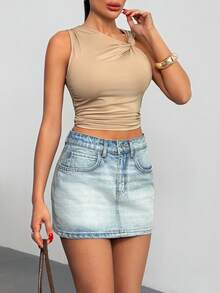 EURMUSE Low Waist Washed Slant Pocket Fashion Denim Skirts - Medium Wash - View 4