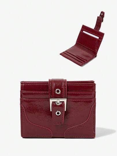 Viva Strut 1 adet Bordo Renkli Çatlak Görünümlü Parlak Deri Kısa Cüzdan, Metal Tokalı Çoklu Kart Cüzdanı, Sade ve Geniş Kapasiteli Kart Çantası