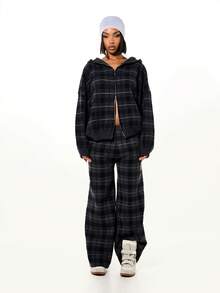 SUMWON WOMEN Oversized Check Zip Through Hooded Cardigan Sweater With Ribbed Knit Cuffs And Waistband For Layering - Black - View 3