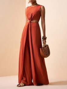 Zivah 女士纯色圆领镂空褶皱休闲连体裤，适合日常穿着、度假和通勤。 - 棕色 - 查看 4
