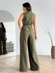 EURMUSE Ensemble deux pièces femme en lin de couleur unie, composé d'un gilet et d'un pantalon large - Kaki - Voir 2