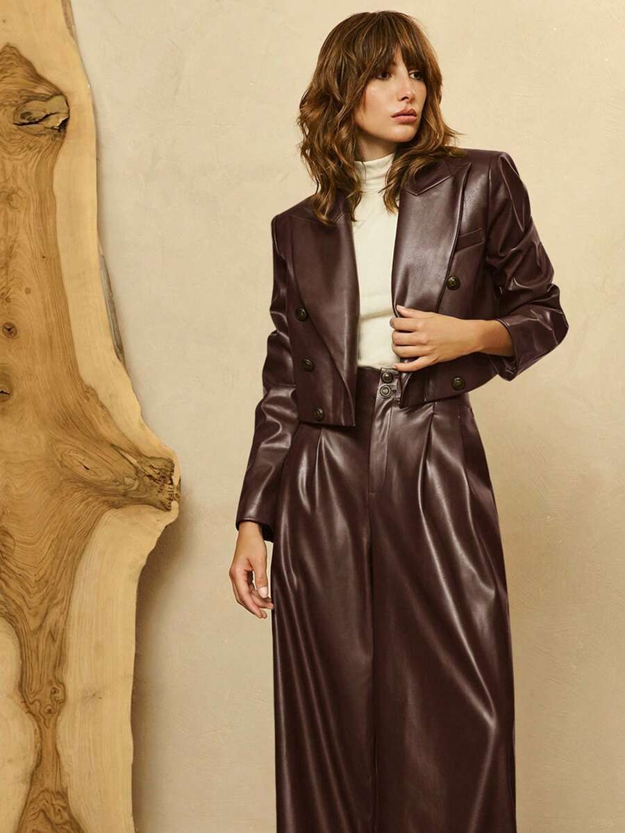 Revavyn Revavyn Women's Woven PU Leather Fabric Notch Lapel Straight Shoulder Long Sleeves Double-Breasted Design Daily Casual Short Jacket Fall For Women - Coffee Brown - View 1