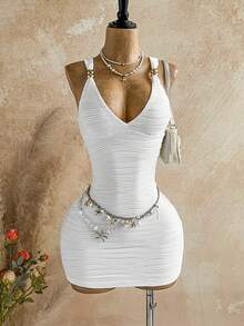 Soleia Women's Textured Mini Bodycon Dress, Fashionable For Summer Vacation - White - View 4