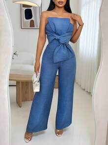 Vavine 1 Set Women Bow Tie Strap Fitted Top And Straight Textured Elastic Waist Casual Pants - Blue - View 3
