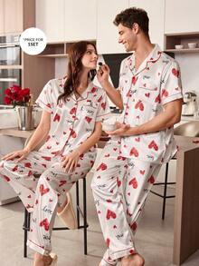 CoupledUp Bộ đồ ngủ nam tay ngắn in hình trái tim bằng lụa giả - Đỏ và trắng - Xem 7