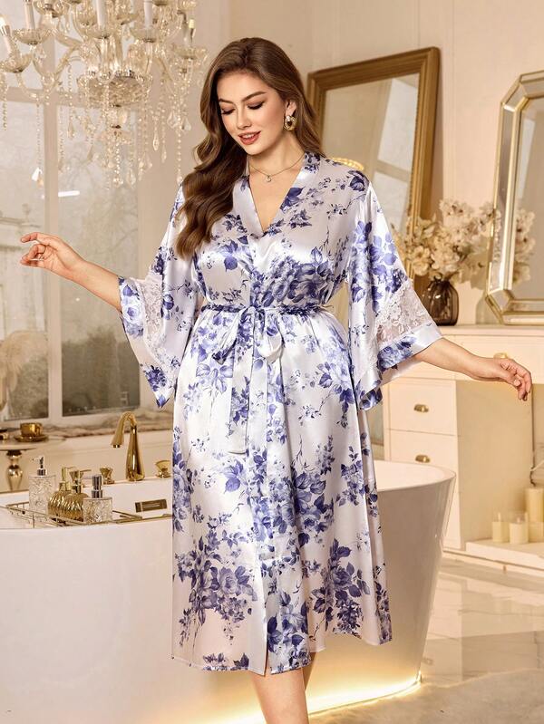 SHEIN MuseNap CURVE Plus Size Elegant Lace Trim Floral Print Faux Silk Robe