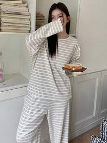 Dazy Plus 两件套休闲条纹宽松睡衣套装 - 长款上衣和长裤，春夏秋季 - 綠色 - 查看 4
