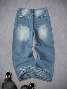 Manfinity ZONE917 Quần jeans ống rộng nam kiểu American Vintage màu xanh nhạt bạc màu, in họa tiết kỹ thuật số, rách rưới. - Màu xanh lam - Xem 2