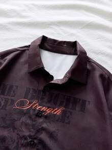 AXEPEAK 男士字母印花前开襟纽扣休闲百搭短袖衬衫 - 咖啡棕 - 查看 4