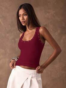 SHEIN BAE 女士休闲串珠装饰纯色背心，夏季 - 酒紅色 - 查看 5