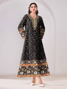 Al Najma 休闲优雅印花宽松保守阿拉伯风格连衣裙 - 彩色 - 查看 4