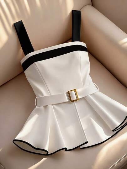 Franclia Sexy Contrast Color Ruffle Hem Tie Front Crop Top, Fitted Waist, Charming Women's Tie Front Top, Elegant Women's Summer Top, Black & White Strapless, Women's Summer Clothing, Women's Resort Wear, Women's Commuter Top