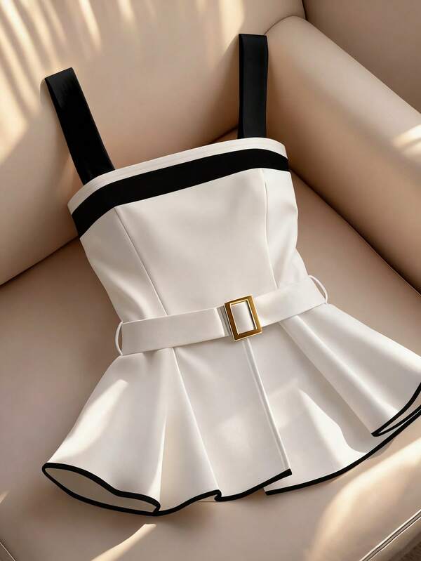 Franclia Sexy Contrast Color Ruffle Hem Tie Front Crop Top, Fitted Waist, Charming Women's Tie Front Top, Elegant Women's Summer Top, Black & White Strapless, Women's Summer Clothing, Women's Resort Wear, Women's Commuter Top