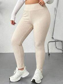 SHEIN EZwear 大码休闲百搭高腰卡其色打底裤 - 杏色 - 查看 3