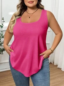 SHEIN CURVE+ Áo thun ba lỗ không tay rộng rãi, thoải mái, thời trang dành cho nữ cỡ lớn - Màu Hồng Tươi - Xem 4
