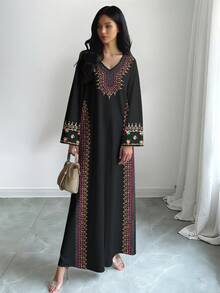 SHEIN Najma 女士复古图案花卉数码印花仿刺绣V领长袖优雅阿拉伯风长连衣裙，春秋季 - 彩色 - 查看 4