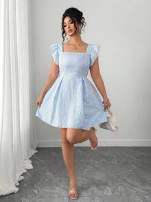 Elenzga 大码女装夏季清新雏菊印花方领泡泡袖A字连衣裙，复古甜美蓝条纹雏菊印花泡泡袖连衣裙，时尚方领短袖碎花连衣裙，适合夏季日常穿着、购物或与朋友聚会 - 藍色 - 查看 6