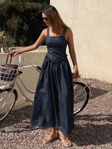 DAZY 女士荷叶边腰带系带休闲牛仔长连衣裙，度假风 - 深色水洗藍 - 查看 2