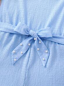 SHEIN 女童无袖T恤连体裤，饰有串珠蝴蝶结，时尚不对称设计，简约别致，适合外出、聚会、度假和休闲场合。 - 藍色 - 查看 4