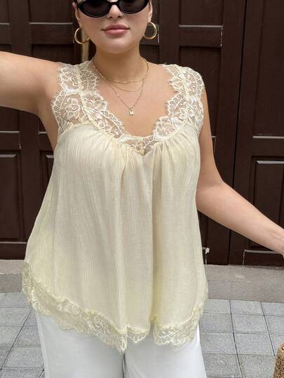 Dripcurv 大码女式纯色褶皱撞色蕾丝时尚吊带背心