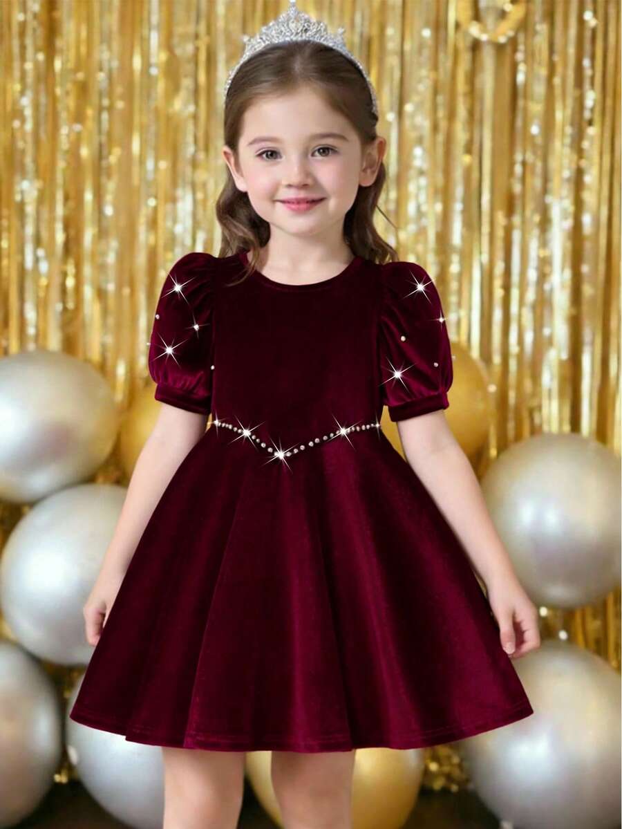 Young Girls Burgundy Velvet Round Neck Pearl Beaded Puff Sleeve Waist Fit & Flare Dress, Suitable For New Year, Party, Gathering, Christmas
