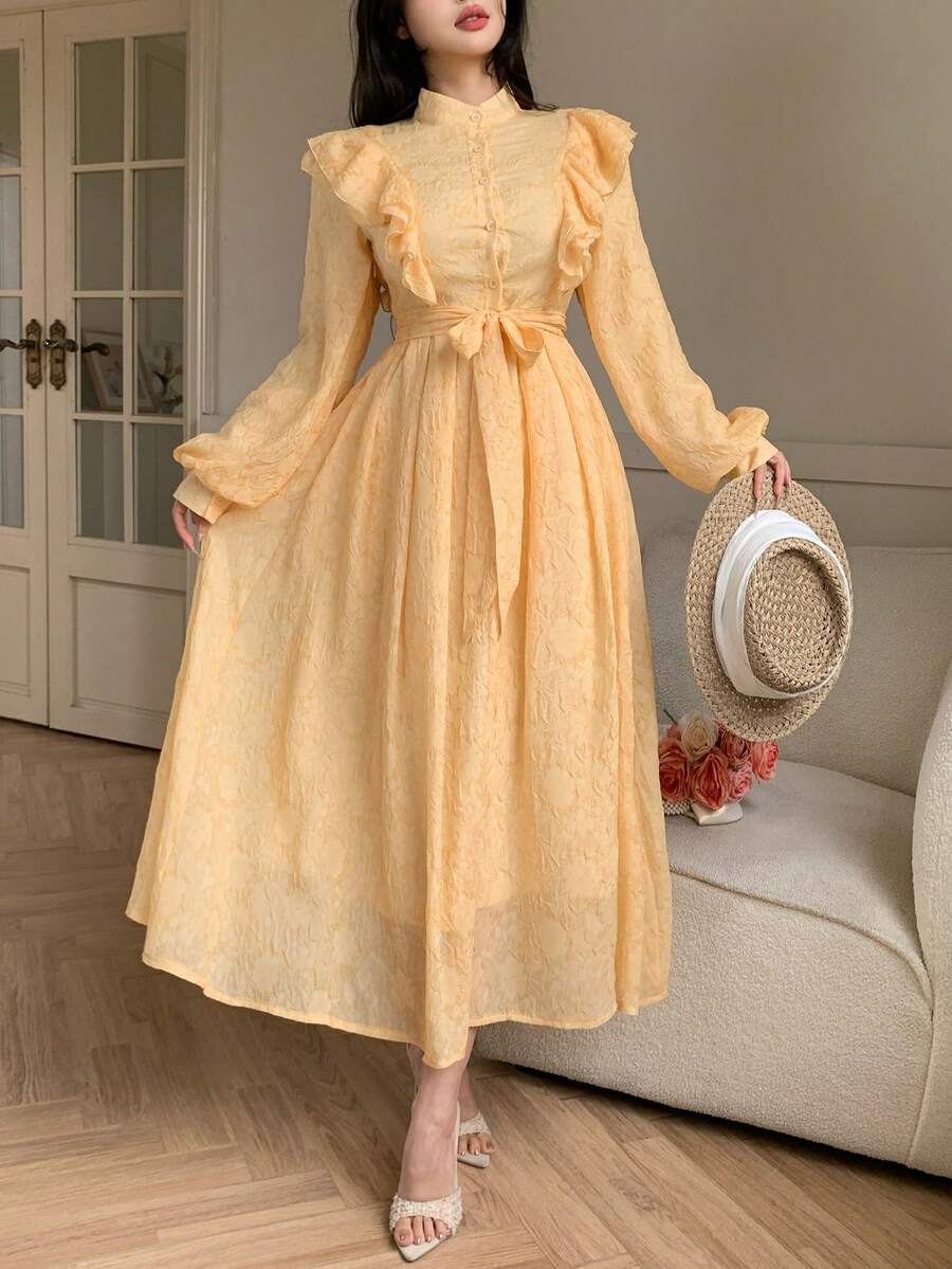 DAZY 女士优雅纯色纹理荷叶边领系带长连衣裙，春夏婚礼宾客礼服 - 黃色 - 查看 1