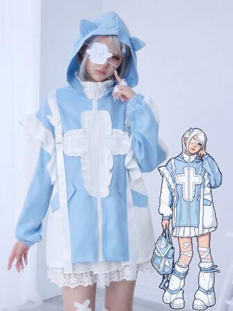 Kawaii معطف نسائي بأكمام طويلة فضفاض بقبعة على شكل أذن قطة بتباين الألوان من الثقافة الفرعية