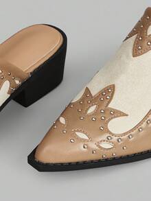 Ontre Women's Pointed Toe Contrast Color Fashion Versatile High Heel Mules - Khaki - View 4