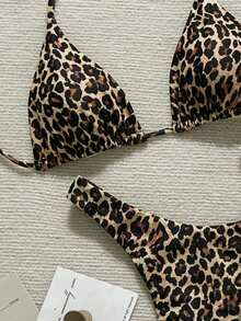 Swim Vcay Springbreak 新款豹纹纯色露背高开叉细肩带比基尼套装泳衣 - 彩色 - 查看 4