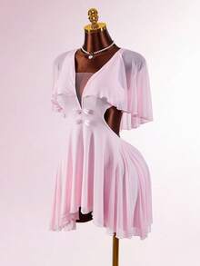 Amplova Đầm ngắn dáng lửng, eo xòe bất đối xứng, màu hồng xuyên thấu, mẫu mới năm 2026. - Hồng - Xem 13