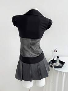 SHEIN Unity Women's Casual Black Patchwork Grey Striped Slim Fit Short Sleeve Minimalist Shirt - Black - View 2