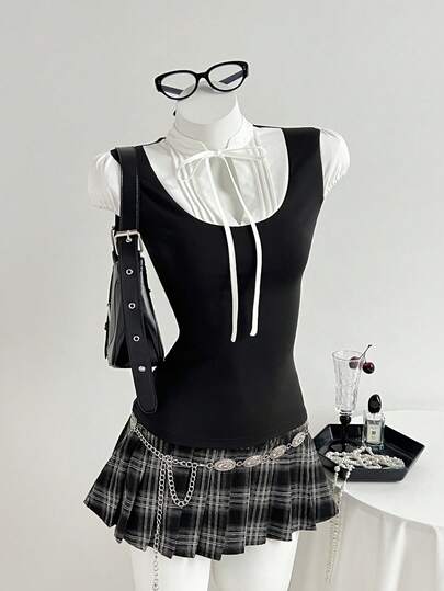 Elamini Women's White Shirt Spliced With Black Knit Fitted Bubble Short Sleeve T-Shirt, Casual, Versatile, Collegiate Style