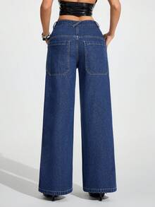 Flirla Women's Solid Color Slant Pocket Casual Versatile Wide Leg Jeans - Blue - View 2