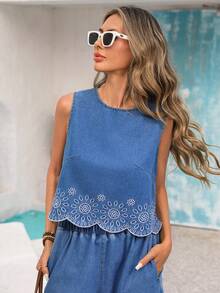 Vivid Eden Women's Casual Denim Top With Floral Embroidery, Round Neck, Suitable For Everyday Wear And Holiday Outfits. Blue Top.Summer Tops Beach Beach Outfits For Women Casual Blouses For Women - Light Wash - View 7