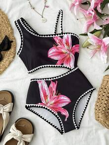 少女休闲简约沙滩度假风黑色吊带镂空贝壳花卉百合印花连体泳衣，夏季 - 黑色 - 查看 1