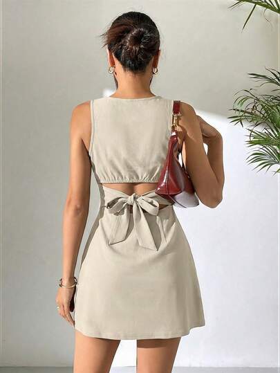 SHEIN EZwear 卡其色无袖露背梭织连衣裙（女款）