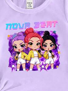 春夏女童休闲时尚创意个性清新简约可爱虚拟少女组合卡通人物彩色星星图案字母印花T恤和打底裤两件套，舒适日常穿着，温暖的夏秋风格，适合春、夏、秋季穿着。 - 彩色 - 查看 7