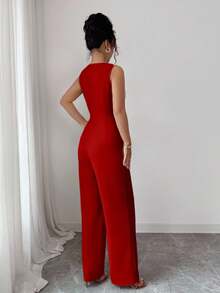 Rafferiza Petite 女士优雅红色无袖连体裤，梭织面料，超长圆领，纯色设计，带拉链细节，红色连体裤，女士连体裤，喇叭连体裤 - 紅色 - 查看 2