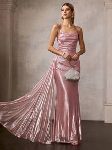 MOTF Soiréza VESTIDO ELEGANTE DE MUJER CON TIRANTES FINOS TIPO MAXI DE MALLA BRILLANTE - DRAPEADO ASIMÉTRICO EN EL COSTADO Y CORTE SIRENA AJUSTADO CON CREMALLERA TRASERA | IDEAL PARA FIESTAS, GALAS, AÑO NUEVO Y EVENTOS FORMALES - Rosa - Ver 6