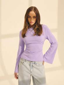 Aralina Women's Casual Solid Color Pleated Flare Sleeve Shirt, Autumn - Lilac Purple - View 5