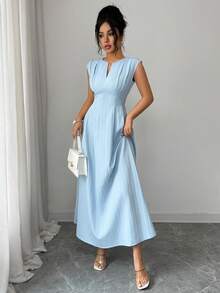 Celisse Elegant V-Neck Short Sleeve A-Line Midi Dress, Casual Waist Cinched Design For Women - Blue - View 7