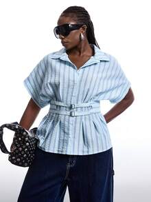 LYSMO Áo sơ mi tay ngắn dáng rộng, cài cúc phía trước, họa tiết kẻ sọc, cỡ lớn. - Nhiều màu - Xem 6