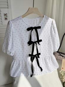 Comfortcana 加大码女式夏季波点印花荷叶边上衣，饰有撞色蝴蝶结 - 黑與白 - 查看 3