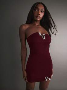 Hauture 女士性感夜店魅力镶钻迷你连衣裙 - 酒紅色 - 查看 5