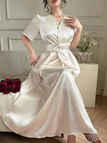 DAZY Conjunto de 2 peças com Blusa Elegante de Cor Sólida com Cinto em V e Saia de Cintura Elástica, Verão Primavera - Bege - Visão 6