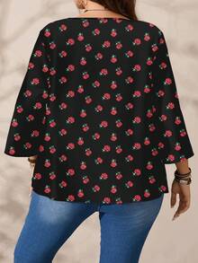 EMERY ROSE 大码女式休闲复古印花宽松圆领七分袖衬衫，黑色 - 彩色 - 查看 4