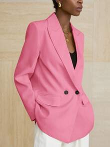 Aveloria Modichic Women's Business Style Solid Color Double-Breasted Blazer Jacket For Commuting, Autumn  - Pink - View 4