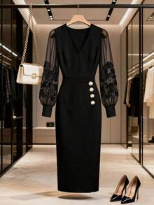 GlowEve CURVE Đầm dài tay cao cấp, thanh lịch, cổ chữ V, tay lưới, xếp ly, cỡ lớn dành cho nữ. - màu đen - Xem 1